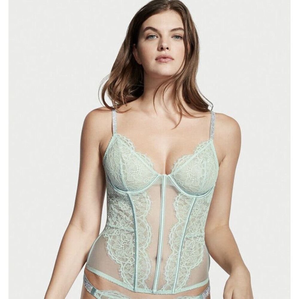 Victoria's Secret Sz M Very Sexy Shine Strap Mint Haze Green Lace Corset Top $89
